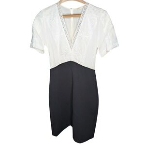 Maje Ravelle Contrast Dress White Black Lace Trim V Neck Midi Size 1 E19RAVELLE